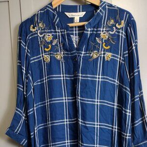 Tantrums Blue Plaid Embroidered Boho Blouse Medium NWT 100% Rayon